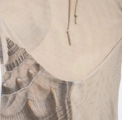 Vestido largo mujer sin mangas beige con estampado de conchas