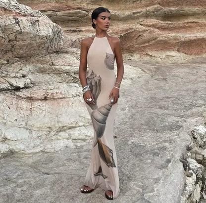 Vestido largo mujer sin mangas beige con estampado de conchas