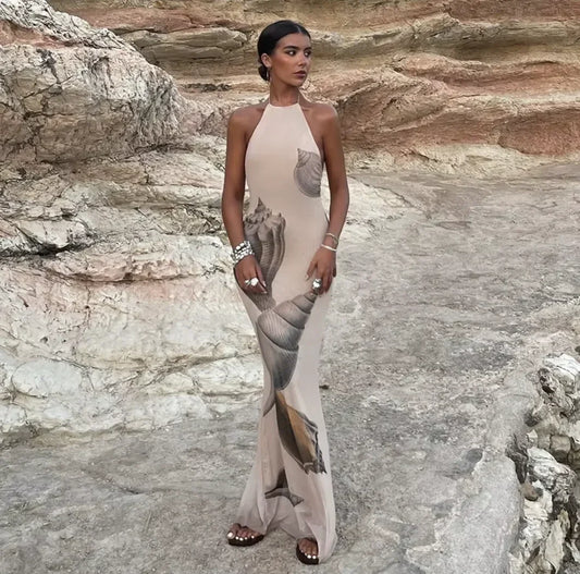 Vestido largo mujer sin mangas beige con estampado de conchas