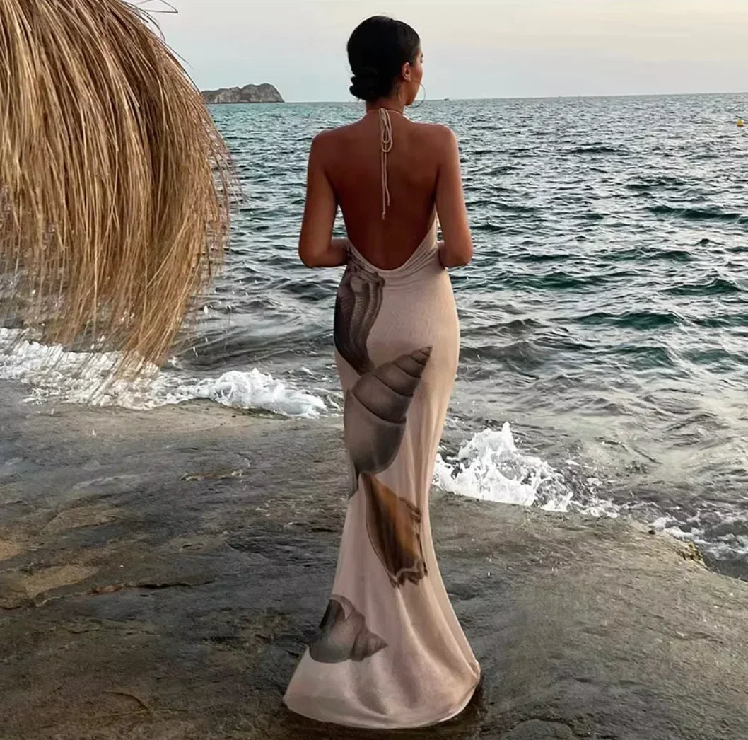 Vestido largo mujer sin mangas beige con estampado de conchas