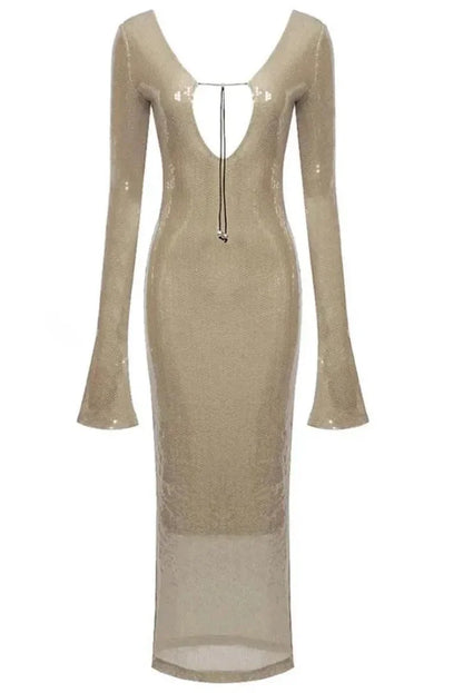 Vestido largo de mujer beige con brillo, mangas largas y cuello en V