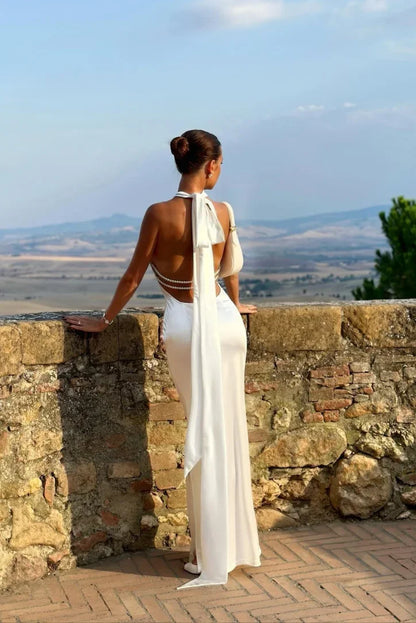 Vestido largo mujer blanco con espalda abierta y lazo