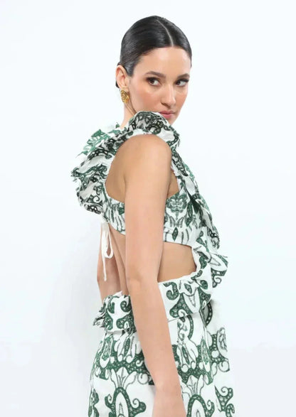 Vestido largo mujer estampado verde y blanco con volantes