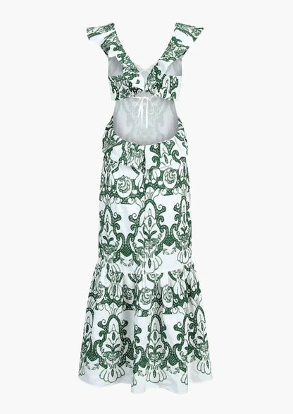 Vestido largo mujer estampado verde y blanco con volantes