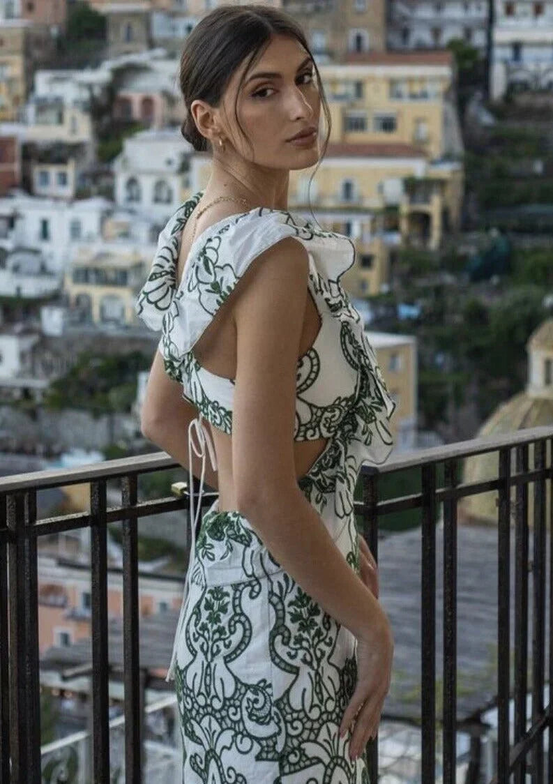 Vestido largo mujer estampado verde y blanco con volantes
