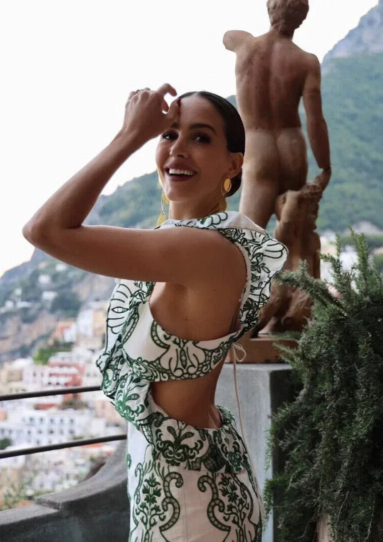 Vestido largo mujer estampado verde y blanco con volantes