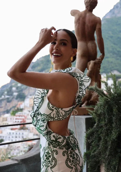 Vestido largo mujer estampado verde y blanco con volantes