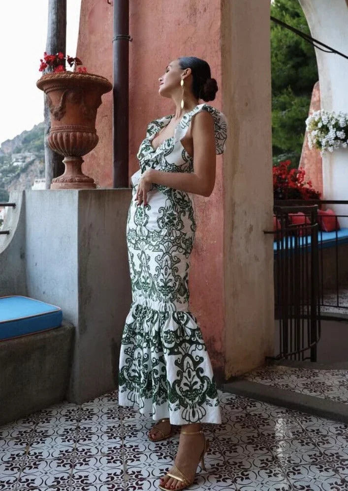 Vestido largo mujer estampado verde y blanco con volantes