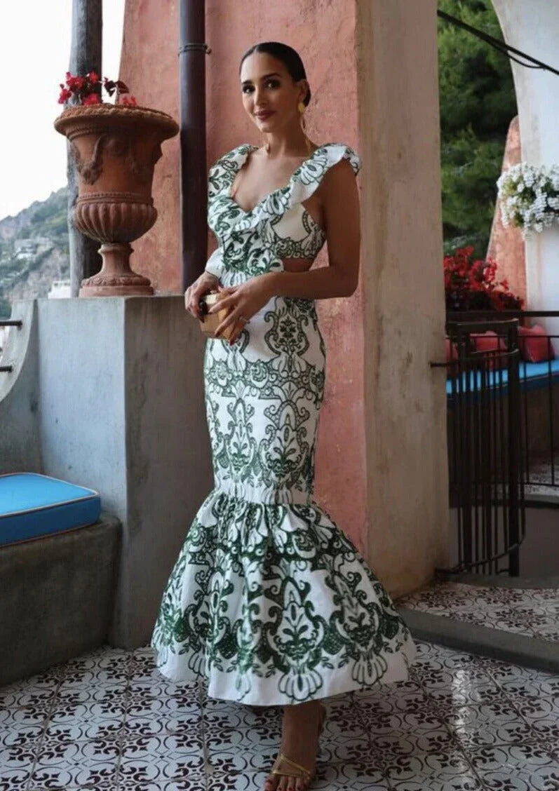 Vestido largo mujer estampado verde y blanco con volantes