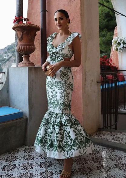 Vestido largo mujer estampado verde y blanco con volantes