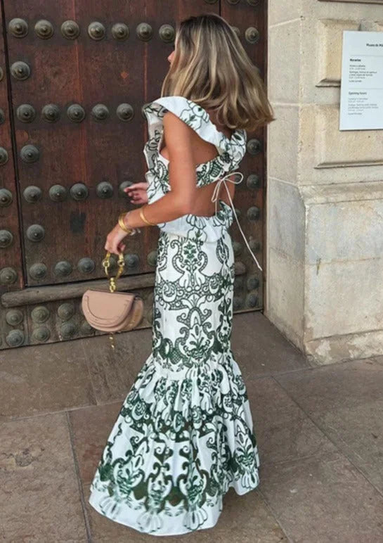 Vestido largo mujer estampado verde y blanco con volantes