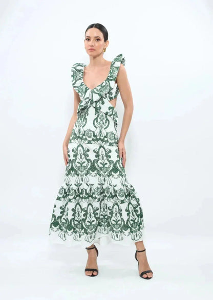 Vestido largo mujer estampado verde y blanco con volantes