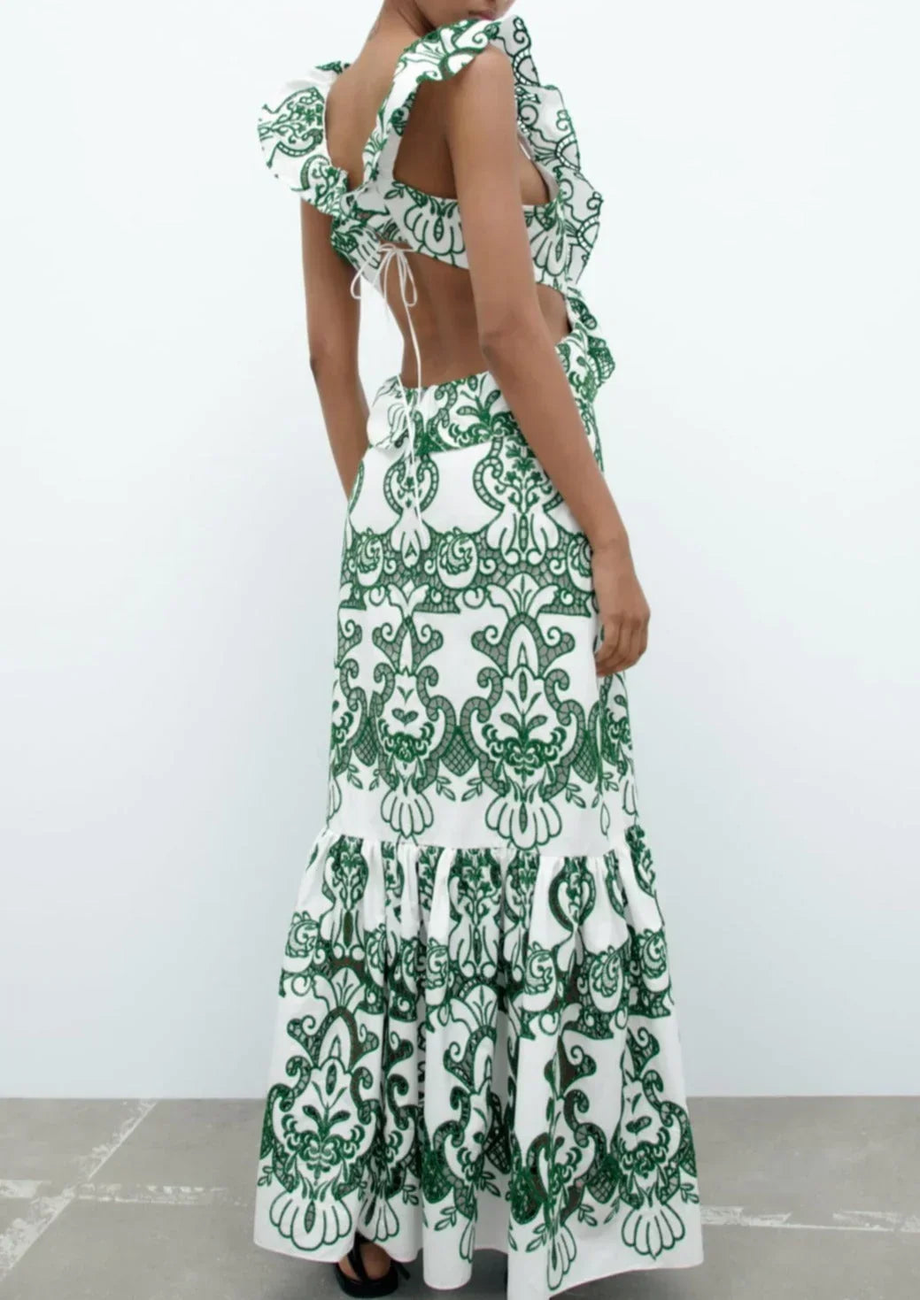 Vestido largo mujer estampado verde y blanco con volantes