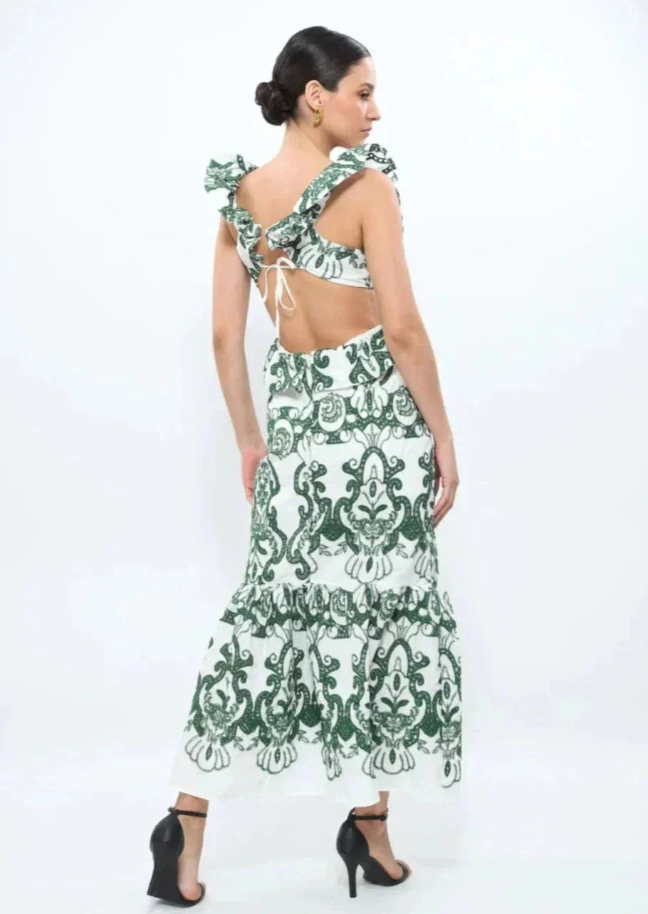 Vestido largo mujer estampado verde y blanco con volantes