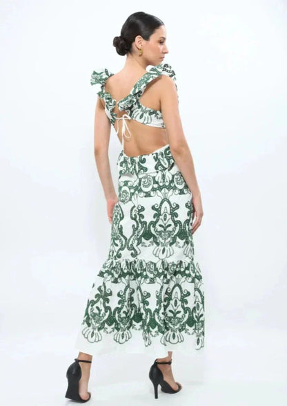 Vestido largo mujer estampado verde y blanco con volantes