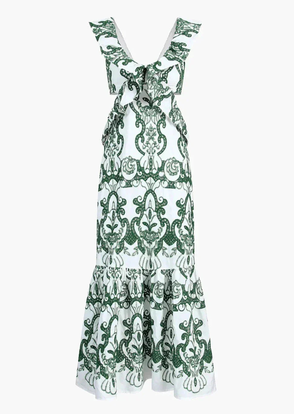 Vestido largo mujer estampado verde y blanco con volantes