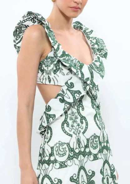 Vestido largo mujer estampado verde y blanco con volantes