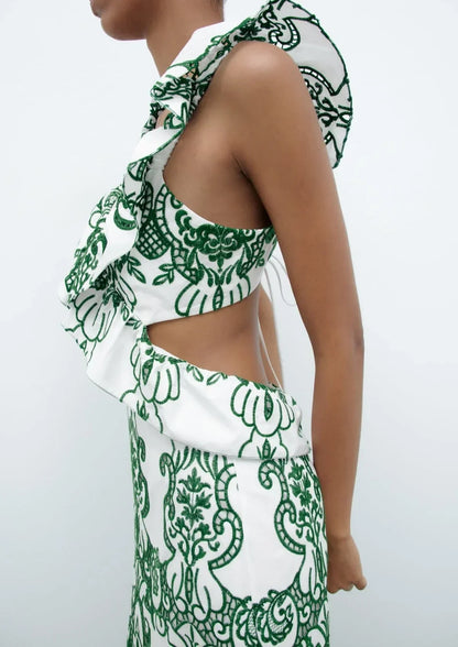 Vestido largo mujer estampado verde y blanco con volantes