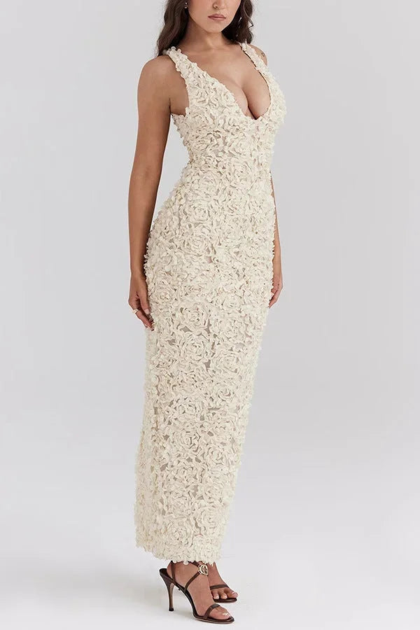 Vestido largo espalda descubierta blanco floral para fiesta de verano
