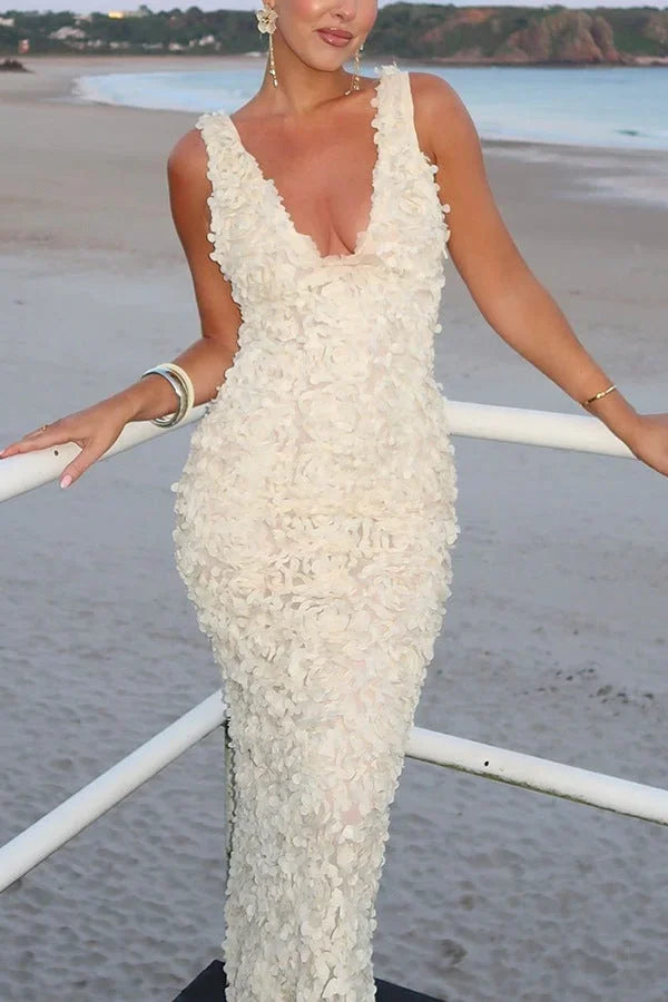 Vestido largo espalda descubierta blanco floral para fiesta de verano