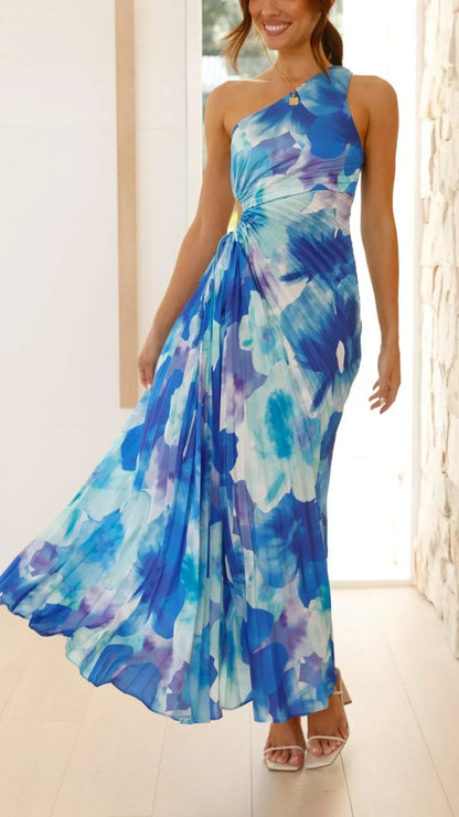 Vestido largo mujer floral azul de un Hombro verano