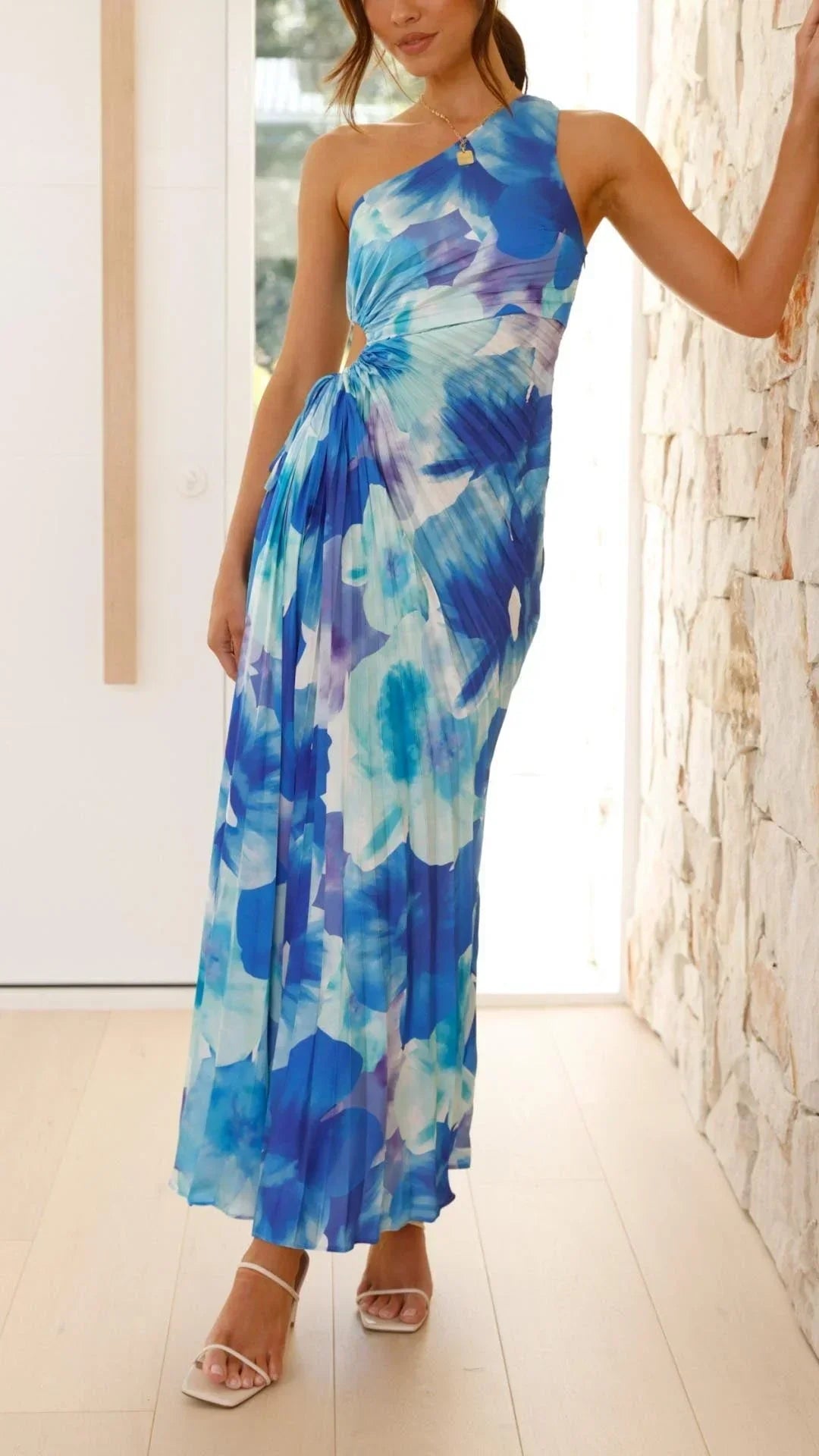 Vestido largo mujer floral azul de un Hombro verano