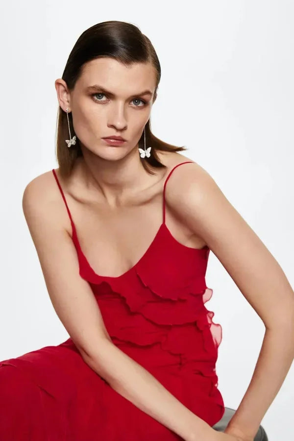 Vestido largo abierto mujer con volantes y tirantes finos