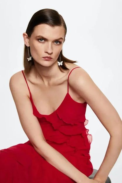 Vestido largo abierto mujer con volantes y tirantes finos