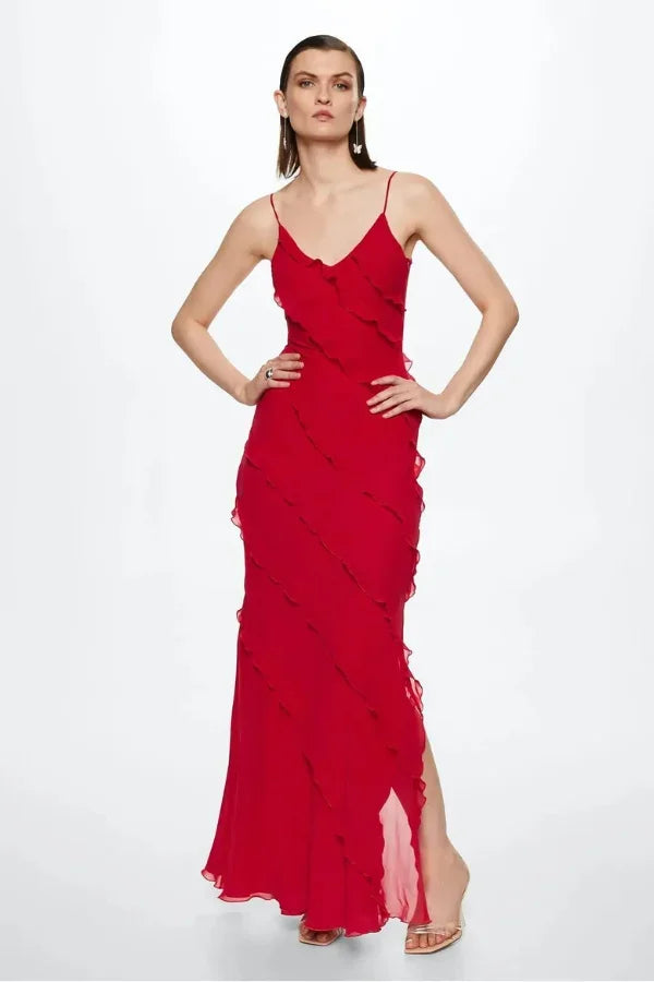 Vestido largo abierto mujer con volantes y tirantes finos