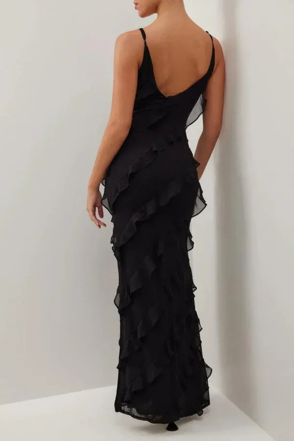 Vestido largo abierto mujer con volantes y tirantes finos