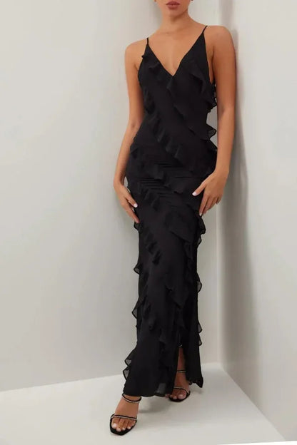 Vestido largo abierto mujer con volantes y tirantes finos