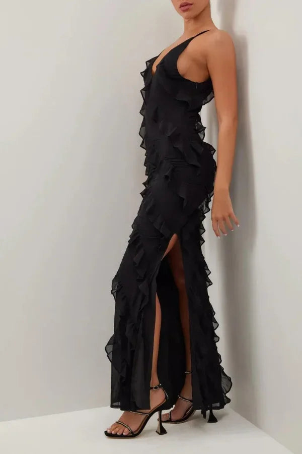 Vestido largo abierto mujer con volantes y tirantes finos