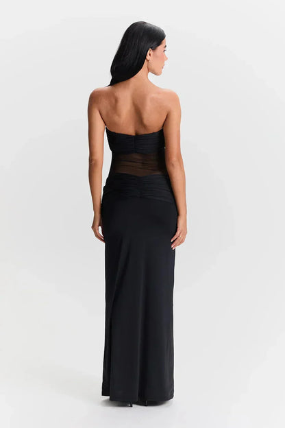 Vestido largo palabra de honor con transparencias y lazos