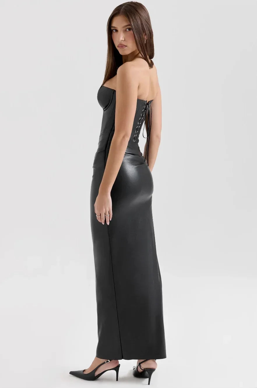 Vestido largo bustier abierto de noche corte ajustado mujer