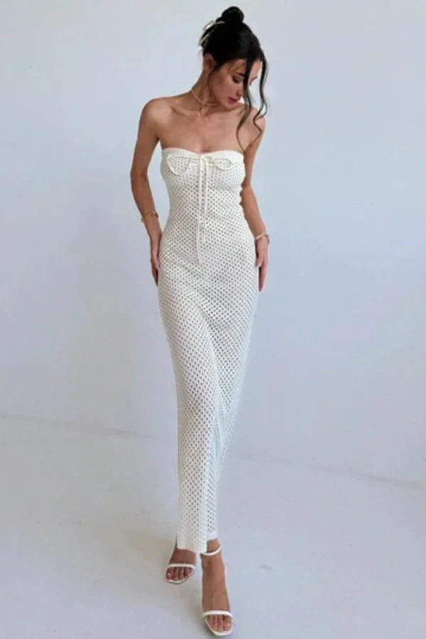 Vestido largo mujer de crochet crema con bustier ajustado