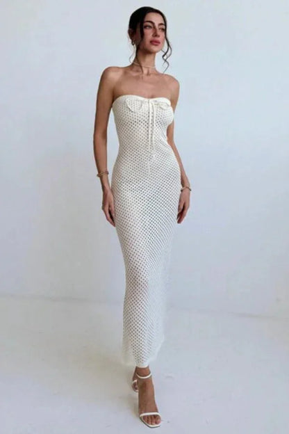 Vestido largo mujer de crochet crema con bustier ajustado