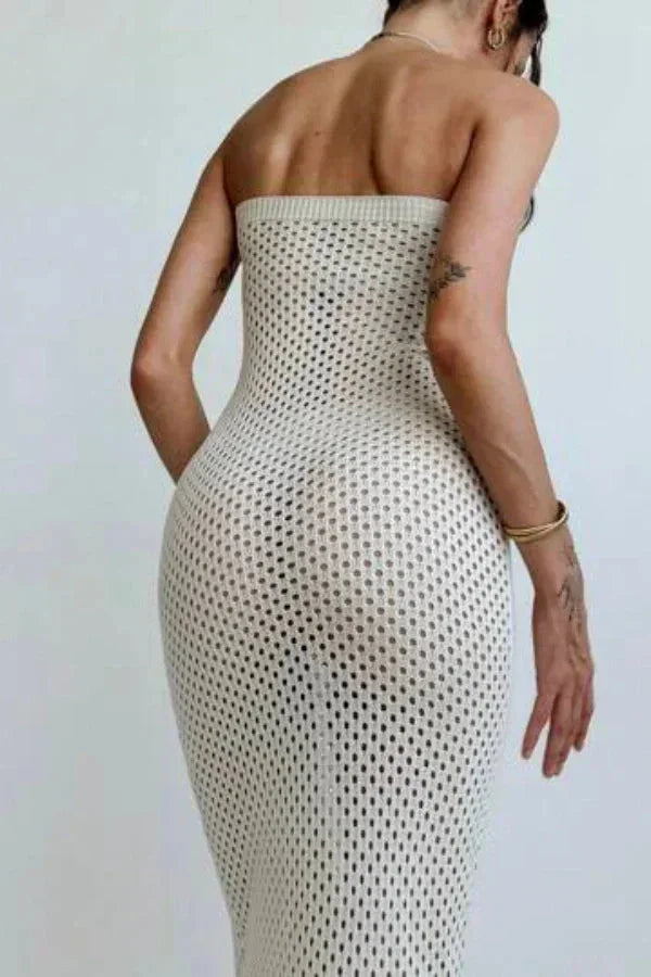 Vestido largo mujer de crochet crema con bustier ajustado