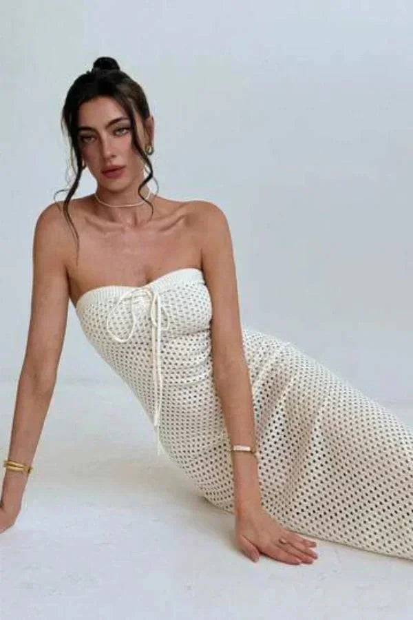 Vestido largo mujer de crochet crema con bustier ajustado