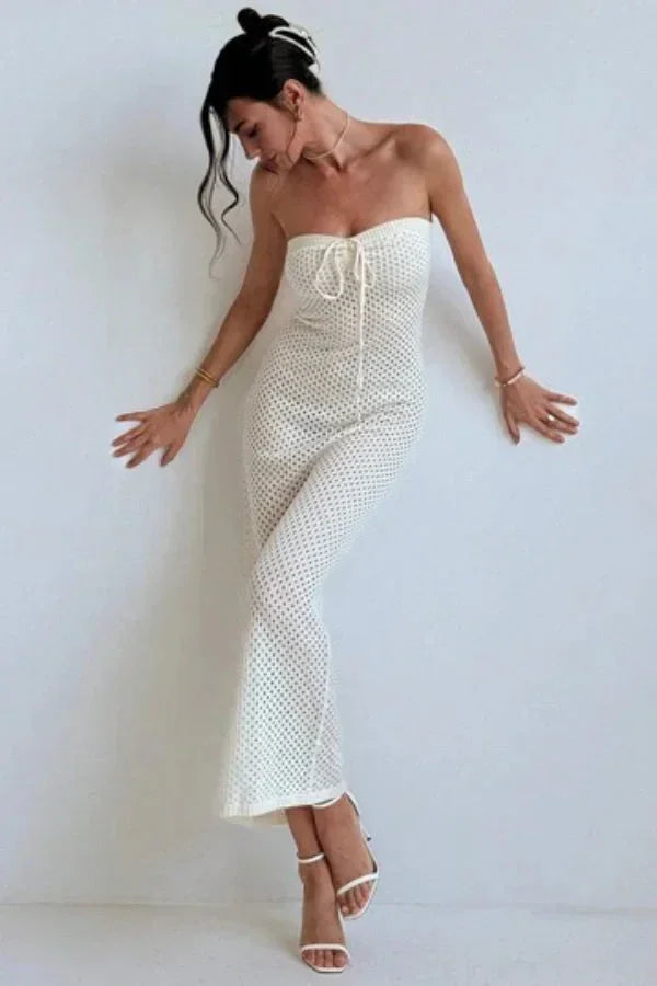 Vestido largo mujer de crochet crema con bustier ajustado