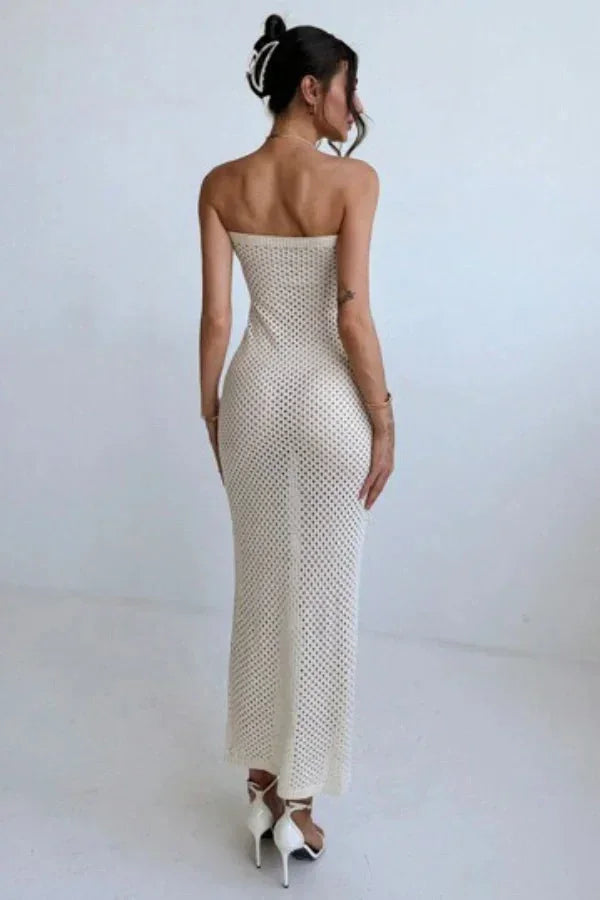Vestido largo mujer de crochet crema con bustier ajustado