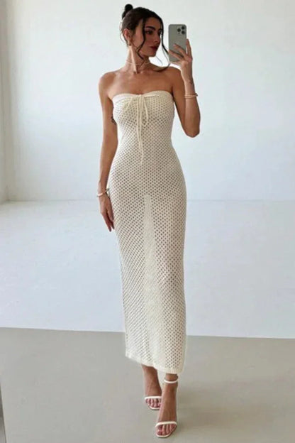 Vestido largo mujer de crochet crema con bustier ajustado