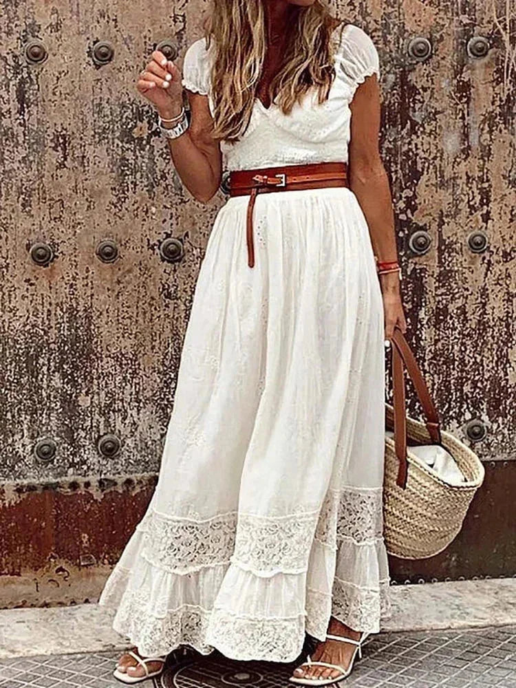 Vestido largo mujer con encaje calado y cinturón