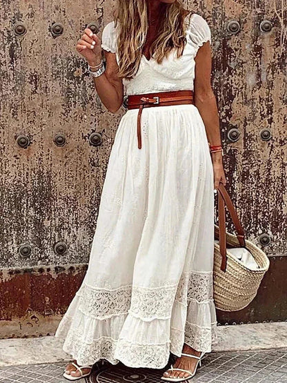 Vestido largo mujer con encaje calado y cinturón