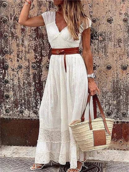 Vestido largo mujer con encaje calado y cinturón