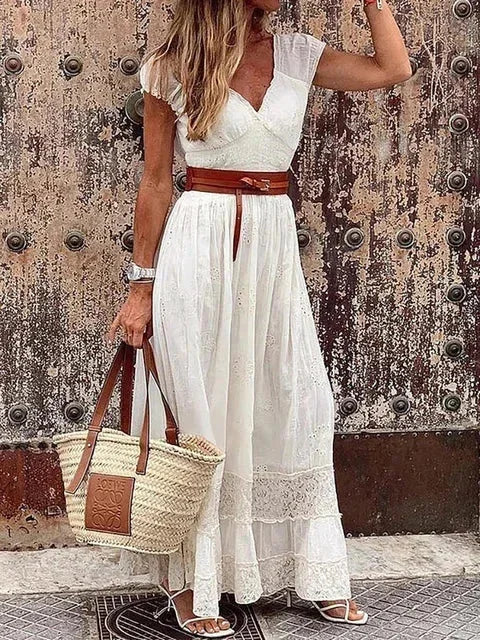 Vestido largo mujer con encaje calado y cinturón