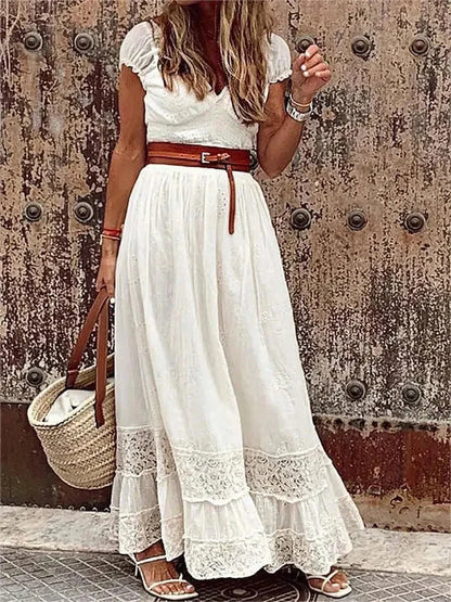 Vestido largo mujer con encaje calado y cinturón