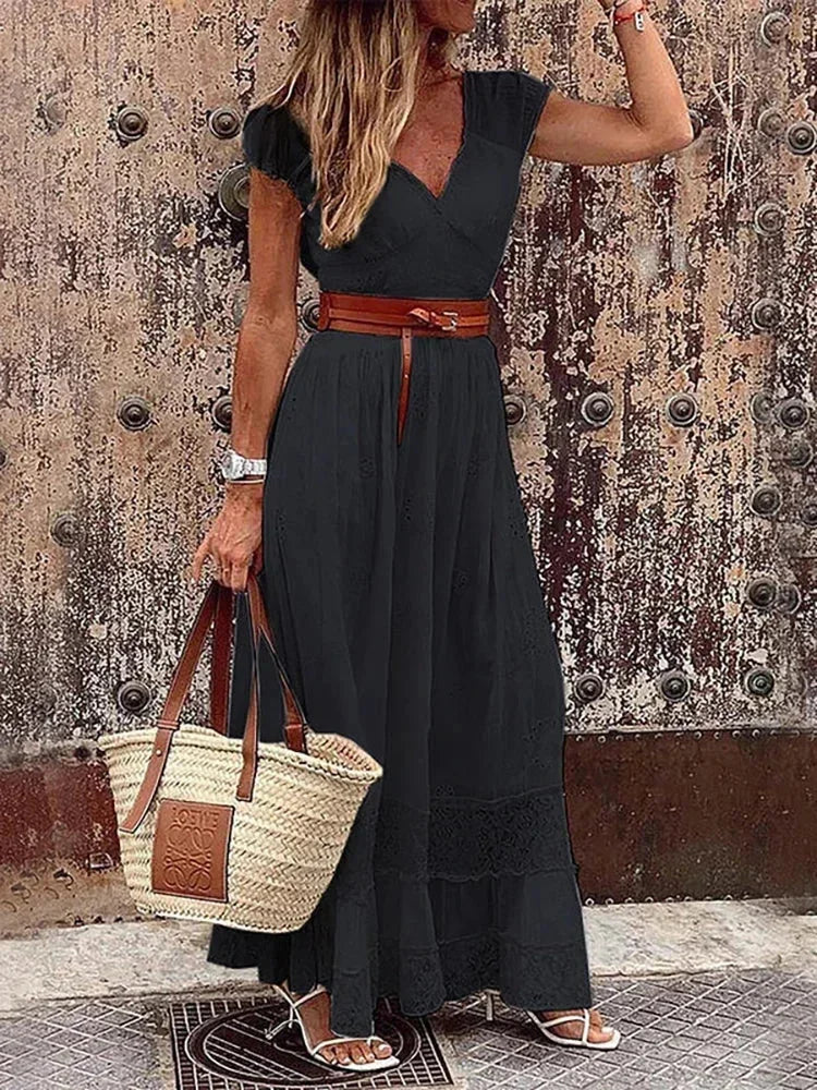 Vestido largo mujer con encaje calado y cinturón