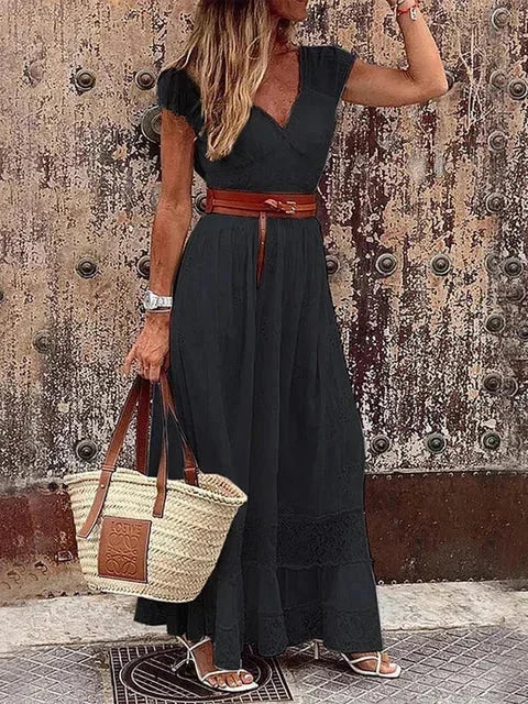 Vestido largo mujer con encaje calado y cinturón