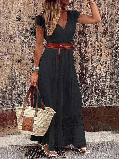 Vestido largo mujer con encaje calado y cinturón