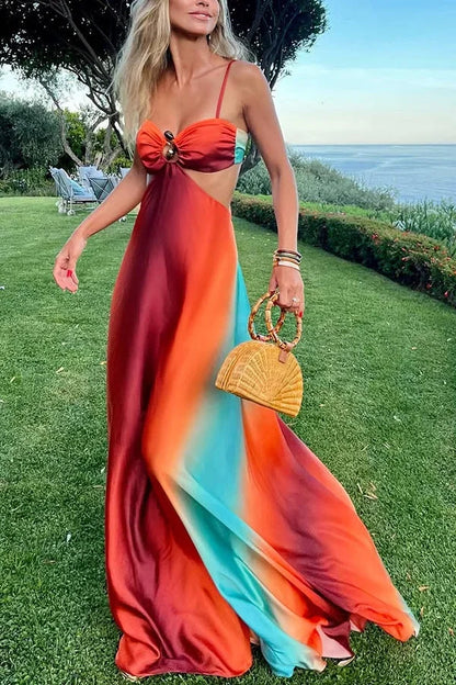 Vestido largo mujer degradado rojo turquesa para fiesta de verano